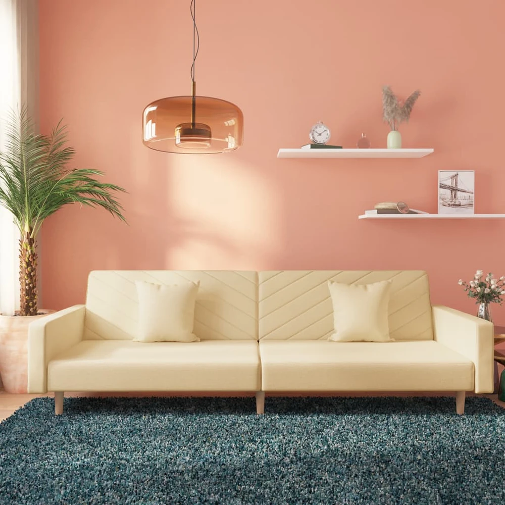 Dvivietė sofa-lova su dvejomis pagalvėmis, kreminė, audinys
