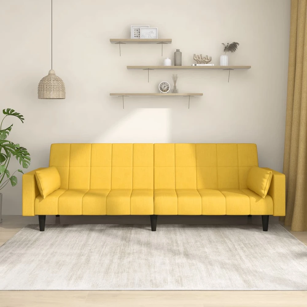 Dvivietė sofa-lova su dvejomis pagalvėmis, geltona, audinys