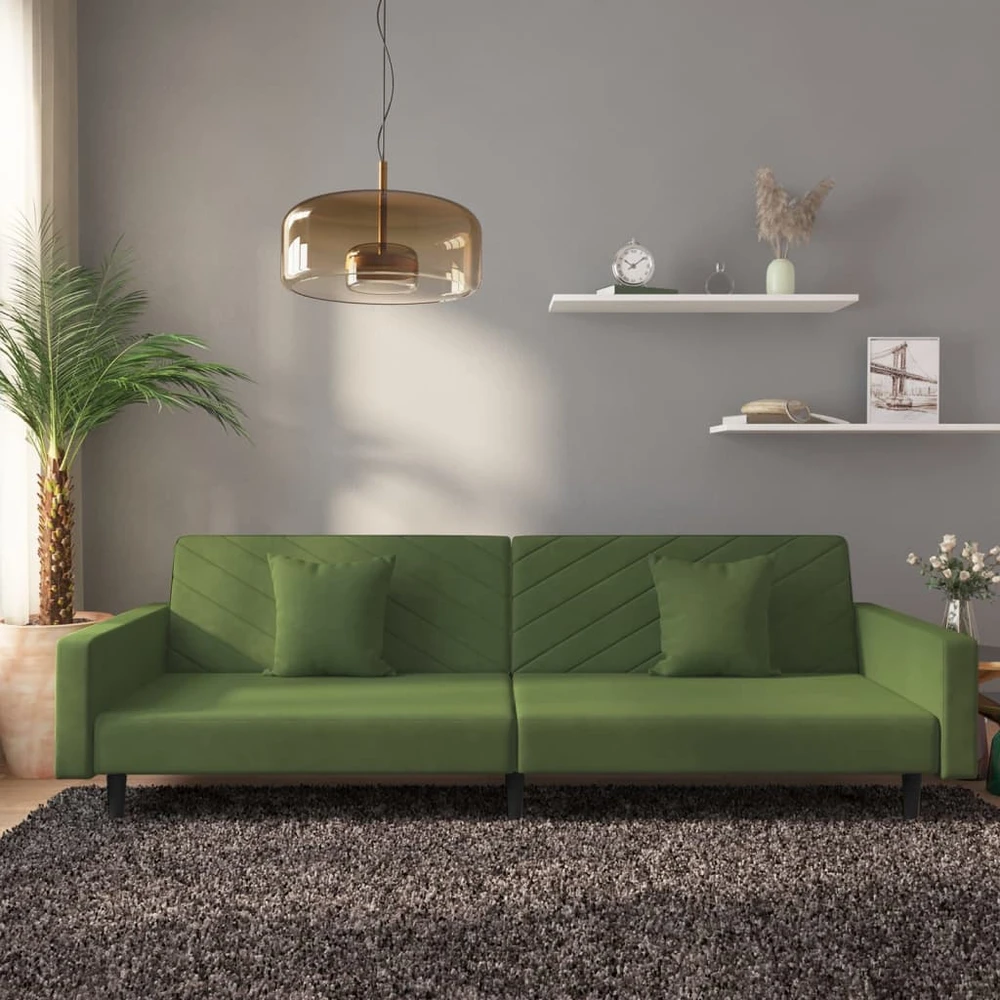 Dvivietė sofa-lova su dvejomis pagalvėmis, žalia, aksomas
