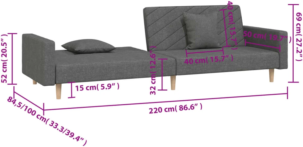 Dvivietė sofa-lova su dvejomis pagalvėmis, pilka, audinys