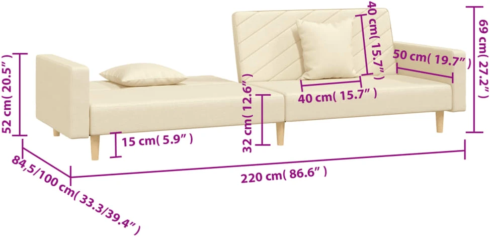 Dvivietė sofa-lova su dvejomis pagalvėmis, kreminė, audinys