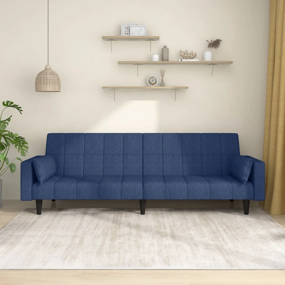 Dvivietė sofa-lova su dvejomis pagalvėmis, mėlyna, audinys
