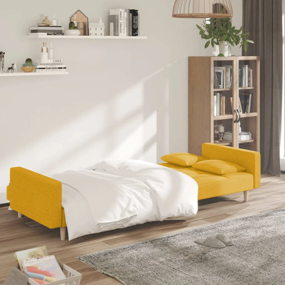 Dvivietė sofa-lova su dvejomis pagalvėmis, geltona, audinys