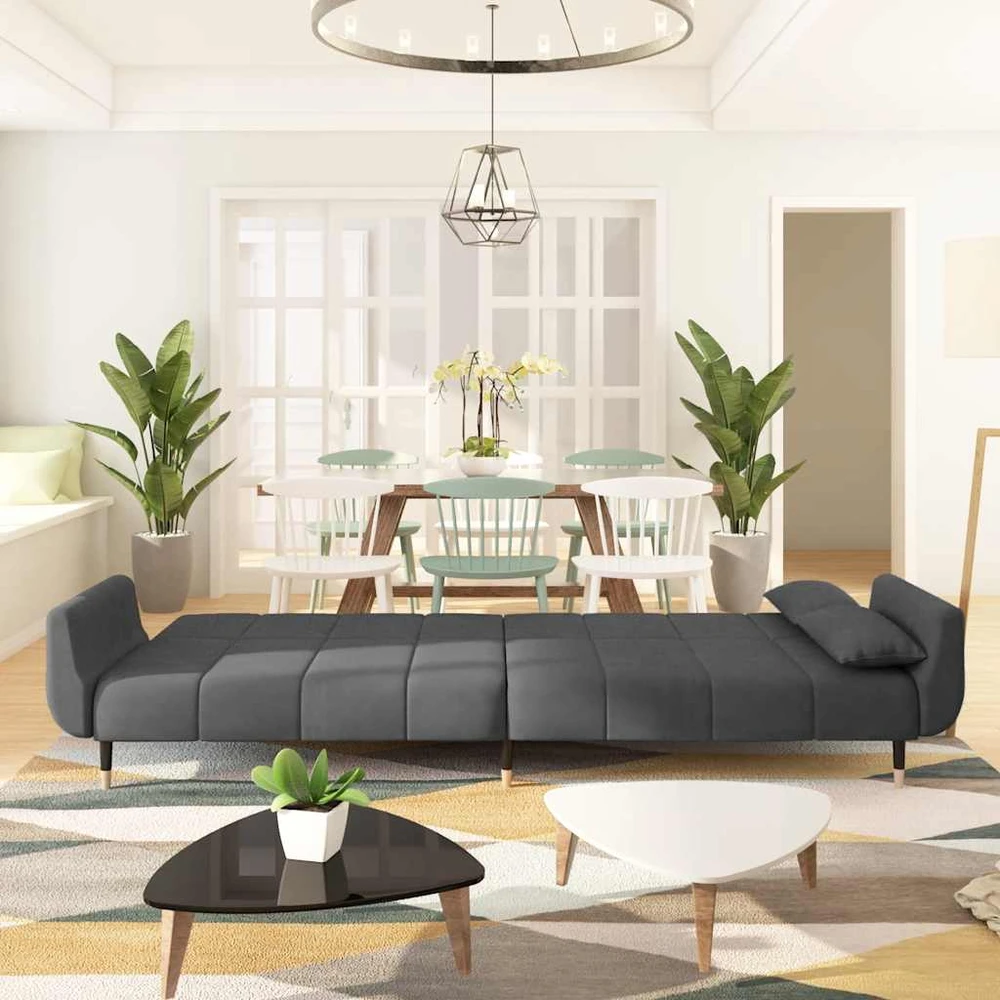 Dvivietė sofa-lova su dvejomis pagalvėmis, pilka, aksomas