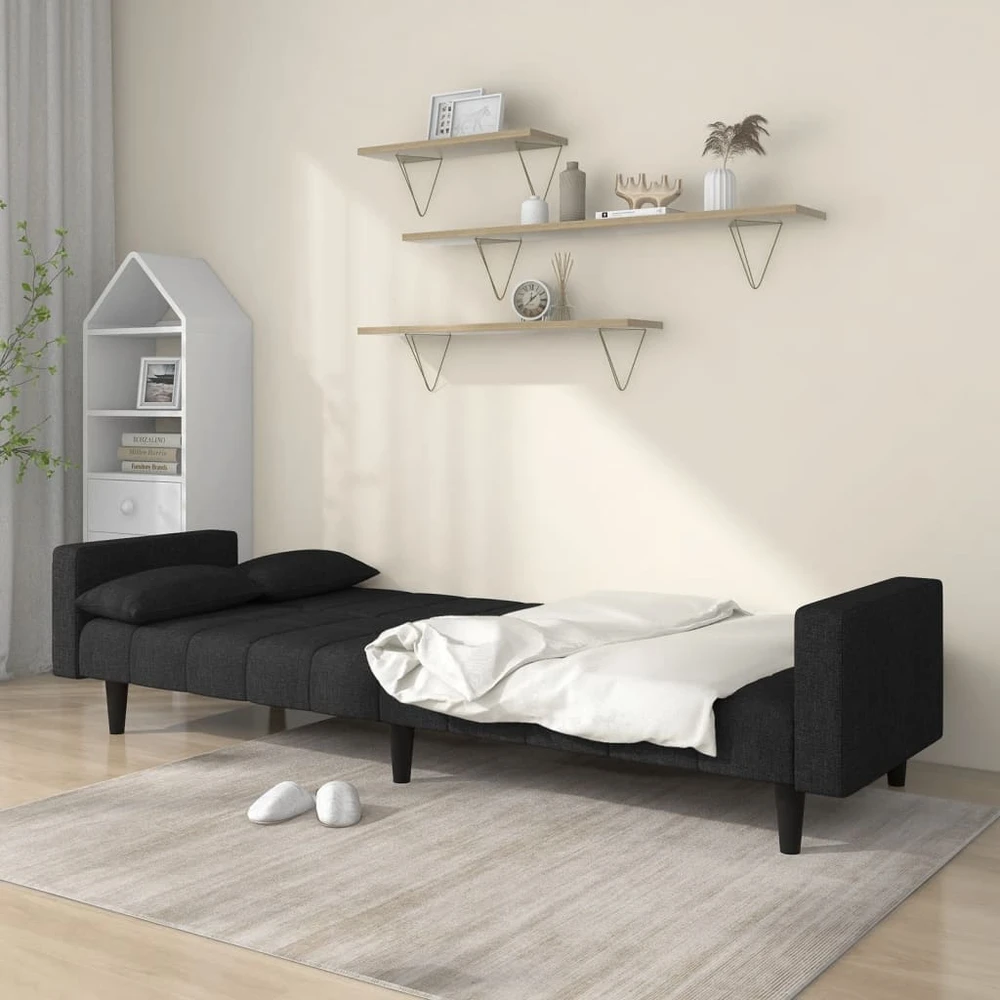 Dvivietė sofa-lova su dvejomis pagalvėmis, juoda, audinys