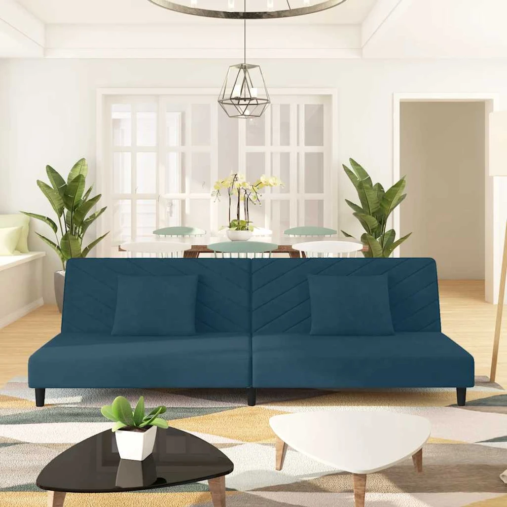 Dvivietė sofa-lova su dvejomis pagalvėmis, mėlyna, aksomas