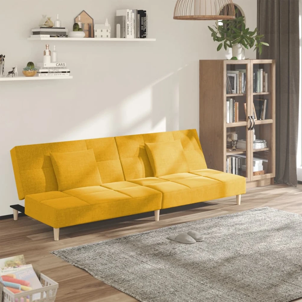 Dvivietė sofa-lova su dvejomis pagalvėmis, geltona, audinys