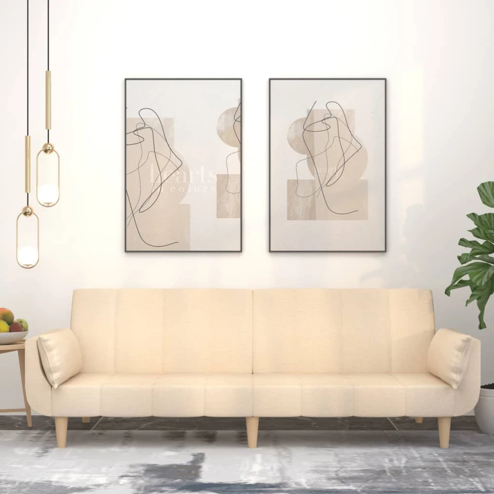 Dvivietė sofa-lova su dvejomis pagalvėmis, kreminė, audinys