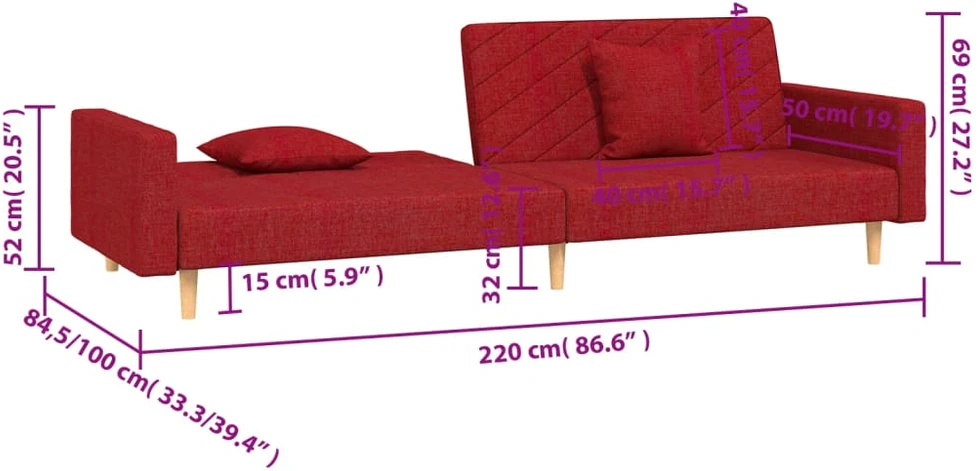 Dvivietė sofa-lova su dvejomis pagalvėmis, vyno, audinys