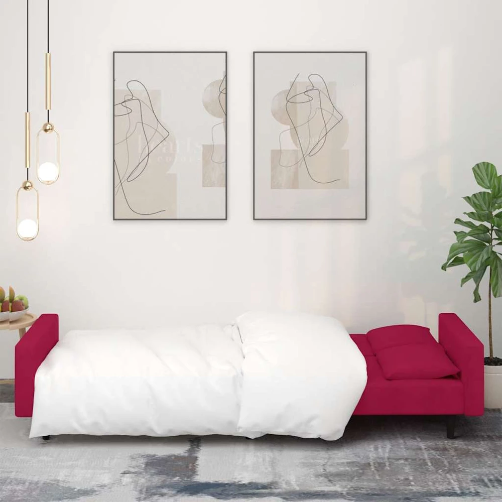 Dvivietė sofa-lova su dvejomis pagalvėmis, vyno, aksomas