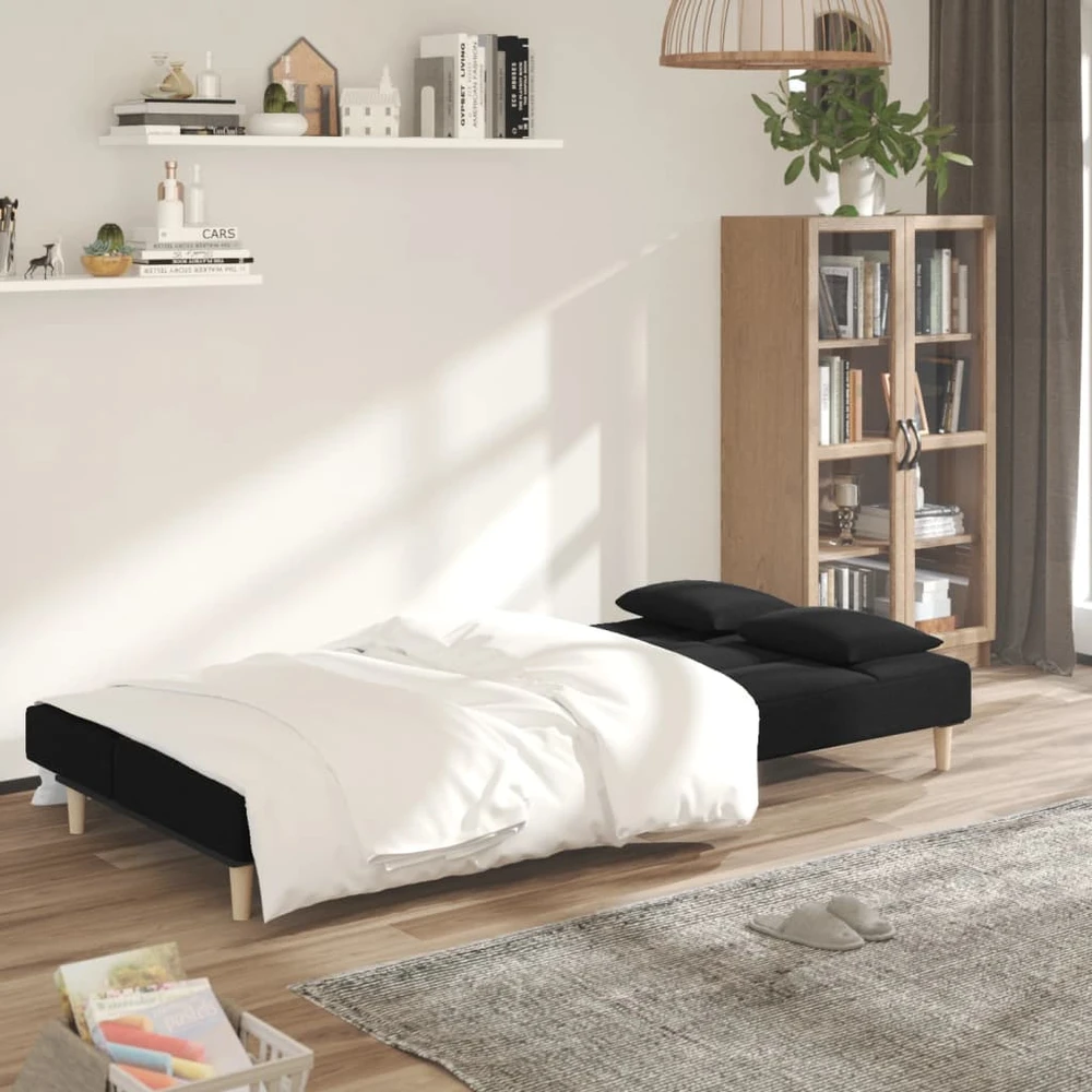 Dvivietė sofa-lova su dvejomis pagalvėmis, juoda, audinys