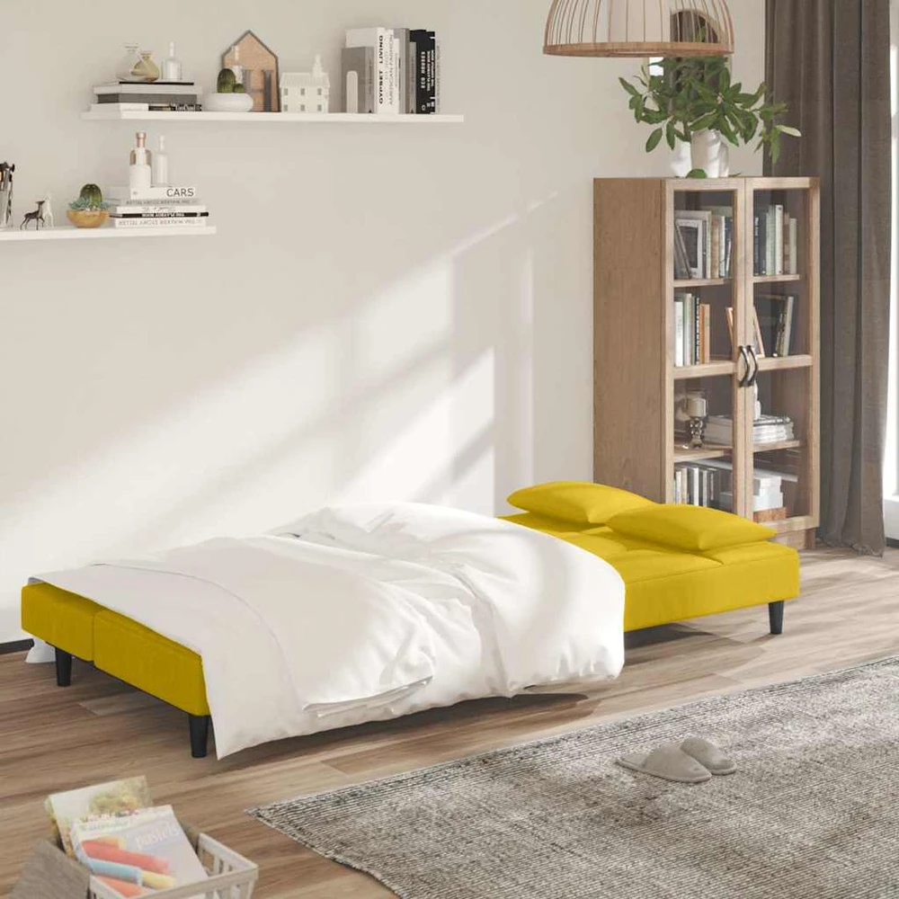 Dvivietė sofa-lova su dvejomis pagalvėmis, geltona, aksomas