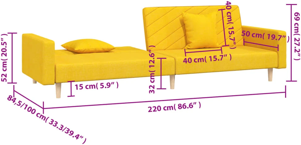 Dvivietė sofa-lova su dvejomis pagalvėmis, geltona, audinys