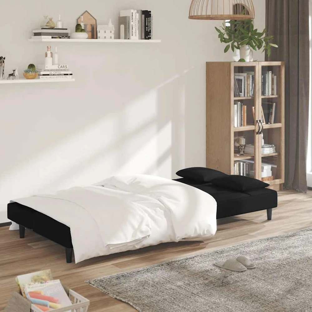 Dvivietė sofa-lova su dvejomis pagalvėmis, juoda, aksomas