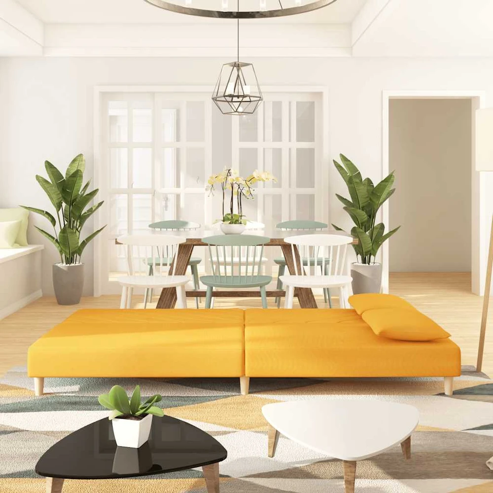 Dvivietė sofa-lova su dvejomis pagalvėmis, geltona, audinys
