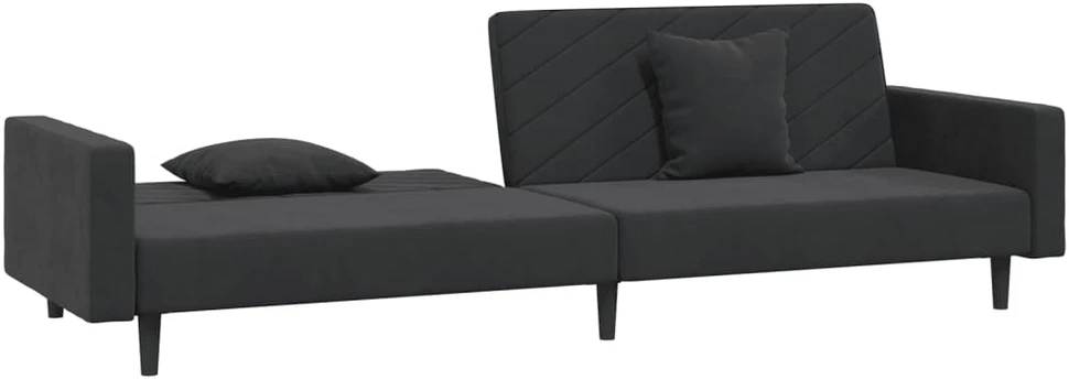 Dvivietė sofa-lova su dvejomis pagalvėmis, juoda, aksomas