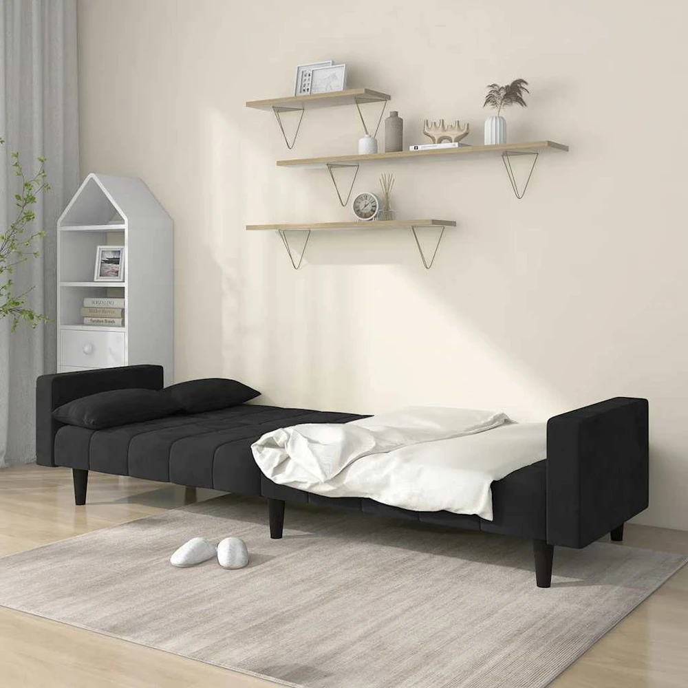 Dvivietė sofa-lova su dvejomis pagalvėmis, juoda, aksomas