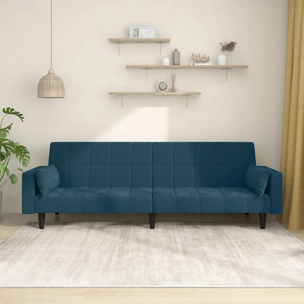 Dvivietė sofa-lova su dvejomis pagalvėmis, mėlyna, aksomas