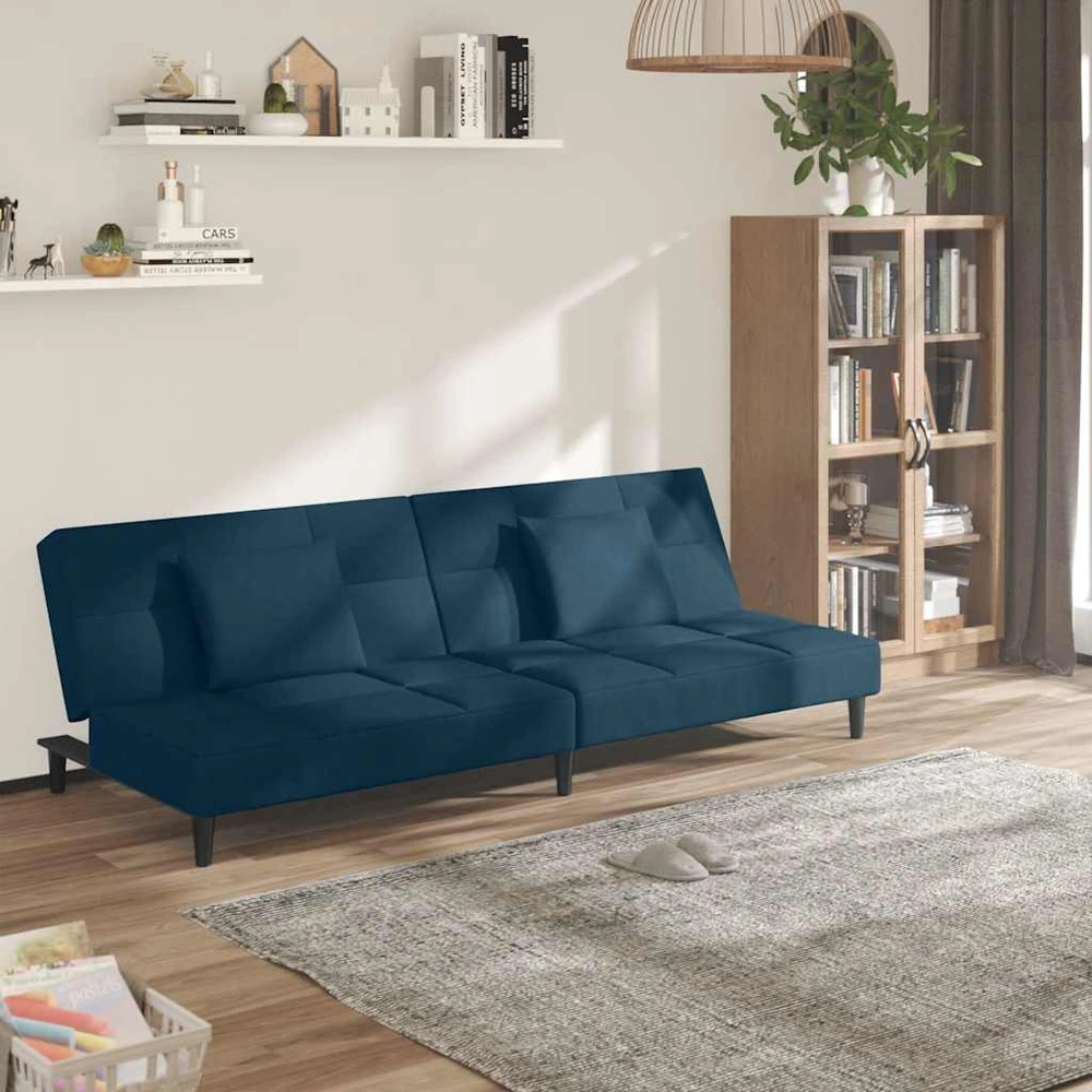 Dvivietė sofa-lova su dvejomis pagalvėmis, mėlyna, aksomas