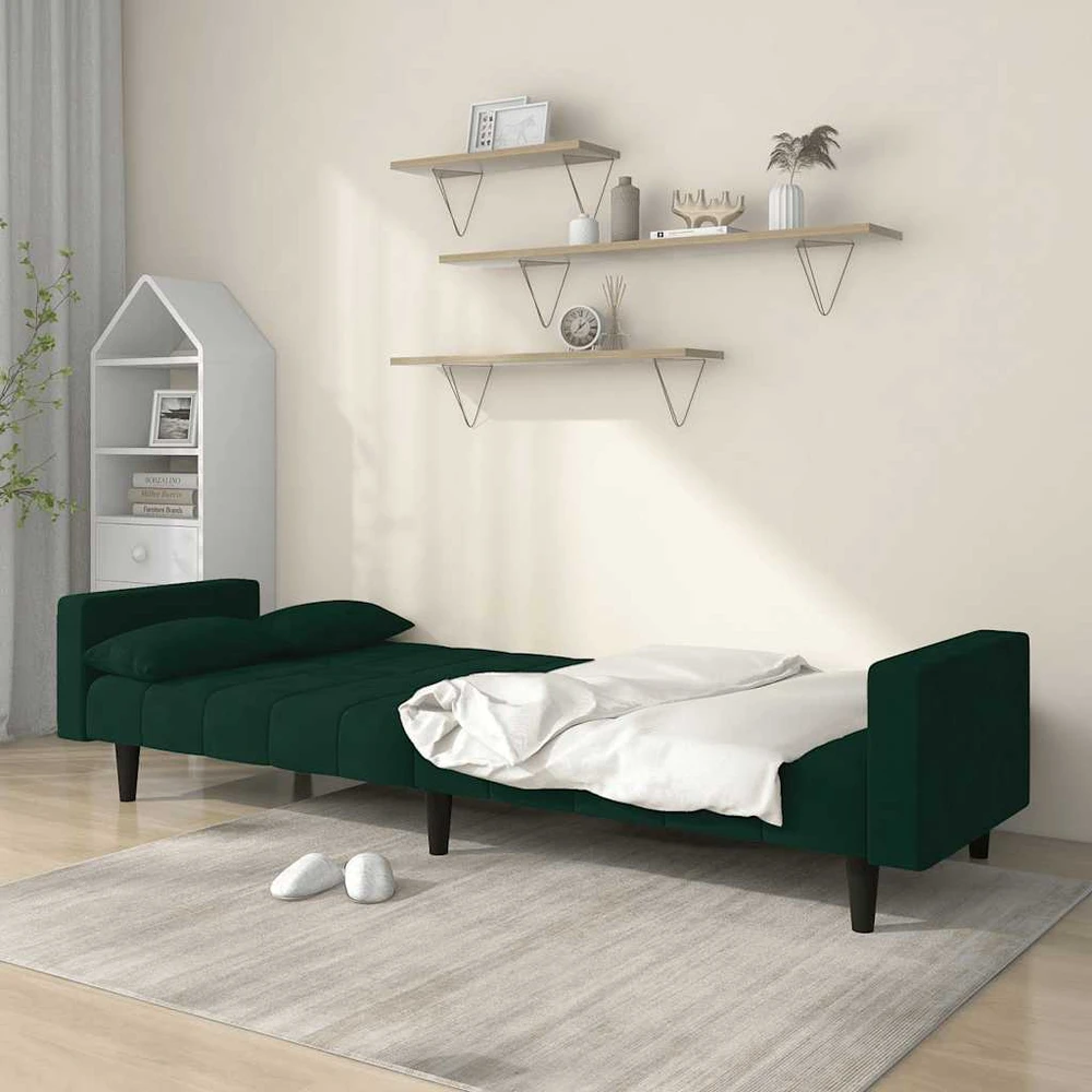 Dvivietė sofa-lova su dvejomis pagalvėmis, žalia, aksomas