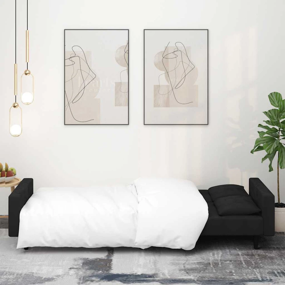 Dvivietė sofa-lova su dvejomis pagalvėmis, juoda, aksomas