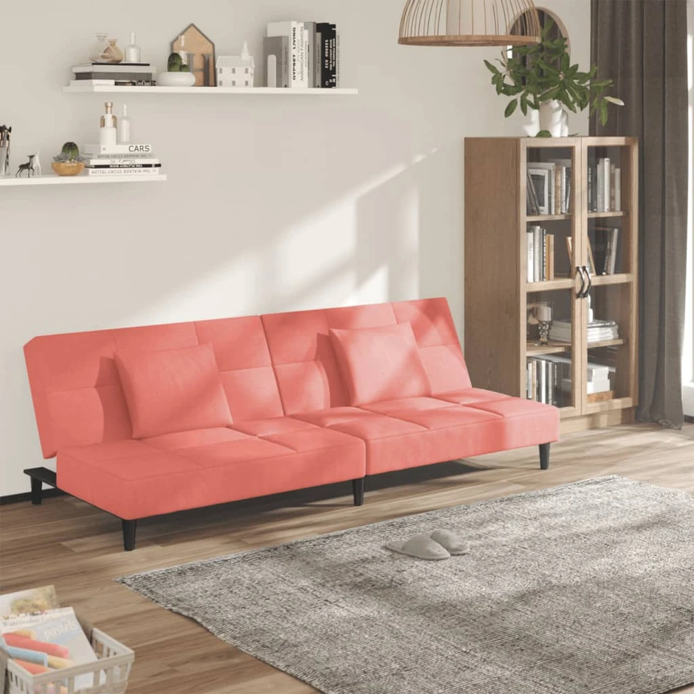 Dvivietė sofa-lova su dvejomis pagalvėmis, rožinė, aksomas