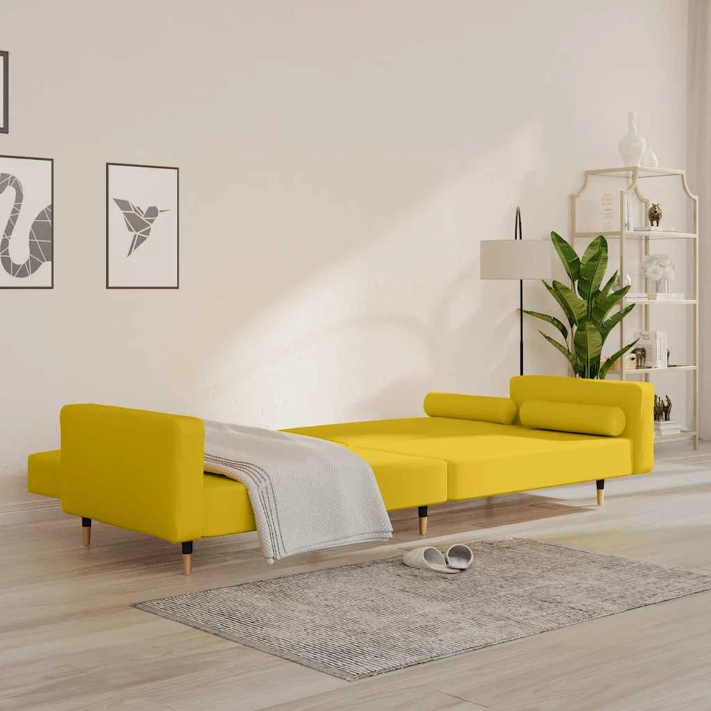 Dvivietė sofa-lova su dvejomis pagalvėmis, geltona, aksomas