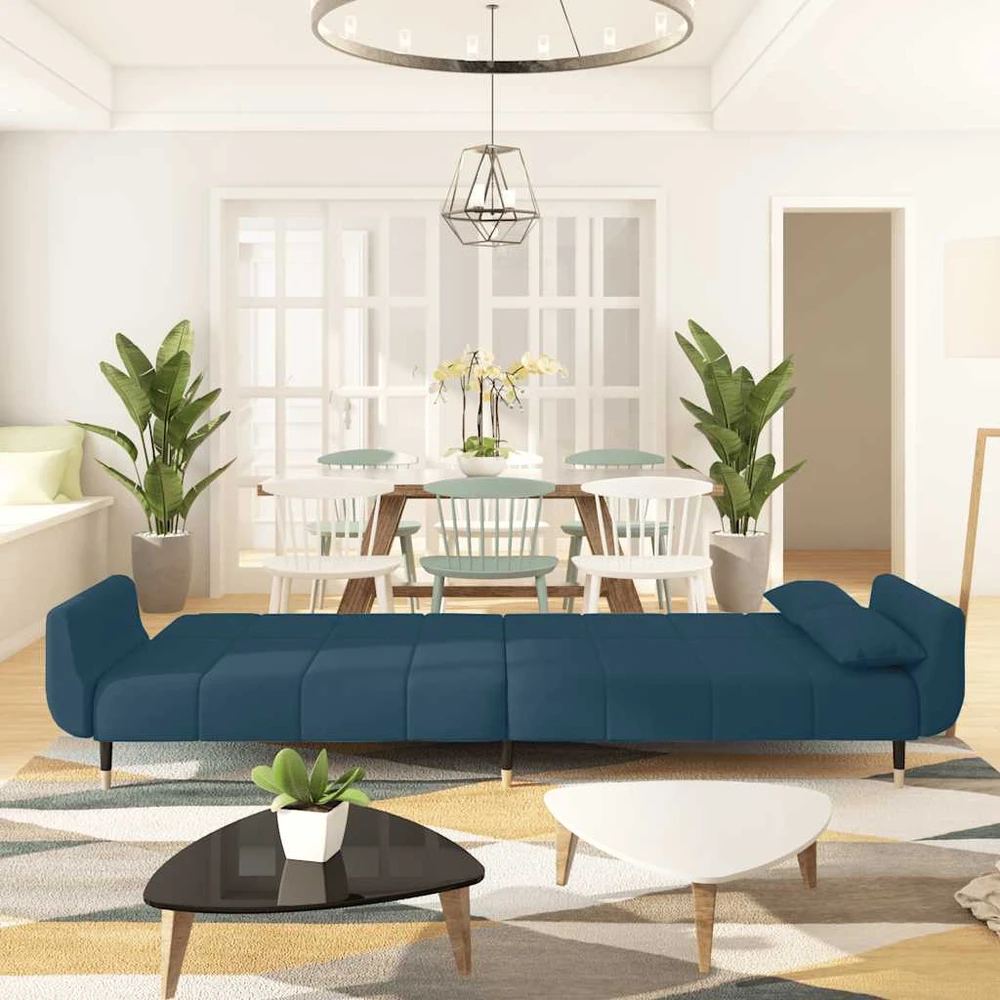 Dvivietė sofa-lova su dvejomis pagalvėmis, mėlyna, aksomas