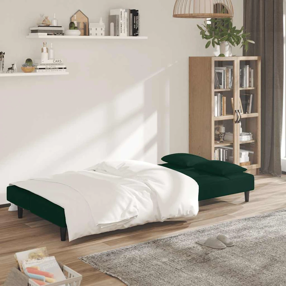 Dvivietė sofa-lova su dvejomis pagalvėmis, žalia, aksomas