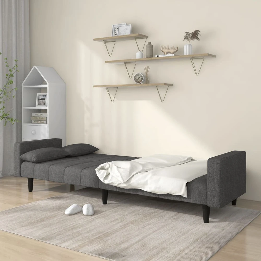 Dvivietė sofa-lova su dvejomis pagalvėmis, pilka, audinys