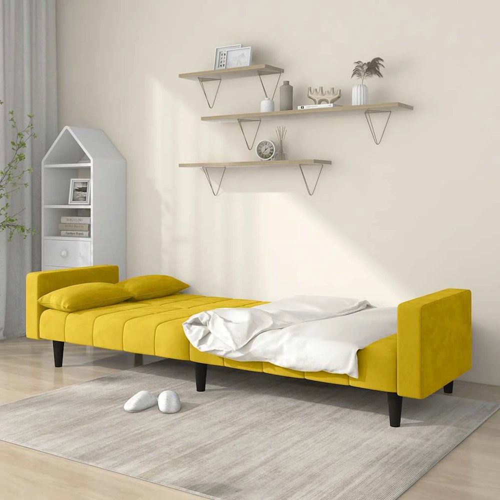 Dvivietė sofa-lova su dvejomis pagalvėmis, geltona, aksomas