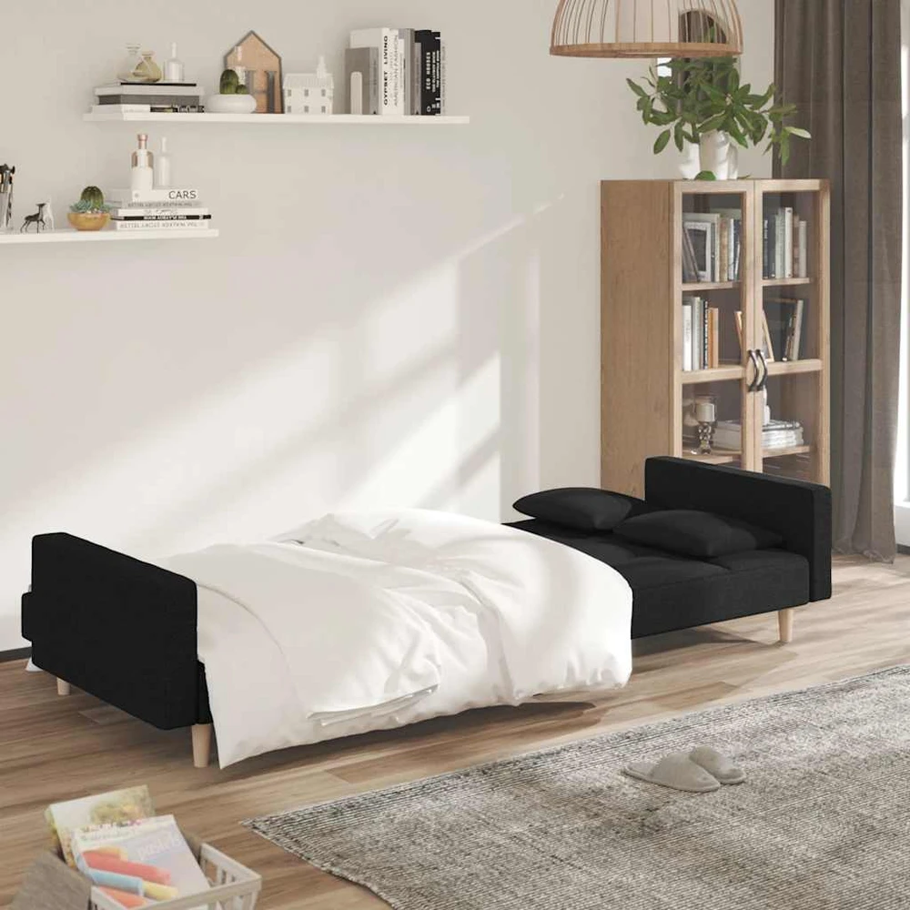 Dvivietė sofa-lova su dvejomis pagalvėmis, juoda, audinys