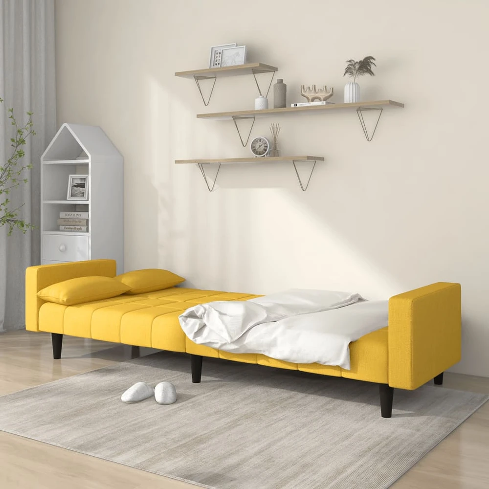 Dvivietė sofa-lova su dvejomis pagalvėmis, geltona, audinys