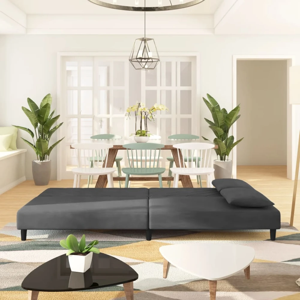 Dvivietė sofa-lova su dvejomis pagalvėmis, pilka, aksomas