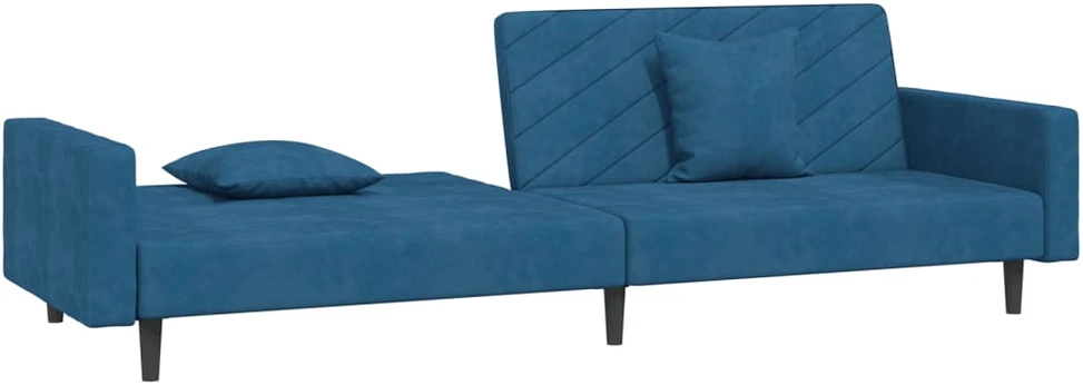 Dvivietė sofa-lova su dvejomis pagalvėmis, mėlyna, aksomas