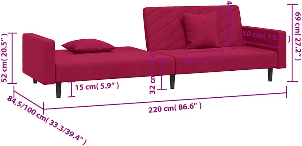 Dvivietė sofa-lova su dvejomis pagalvėmis, vyno, aksomas