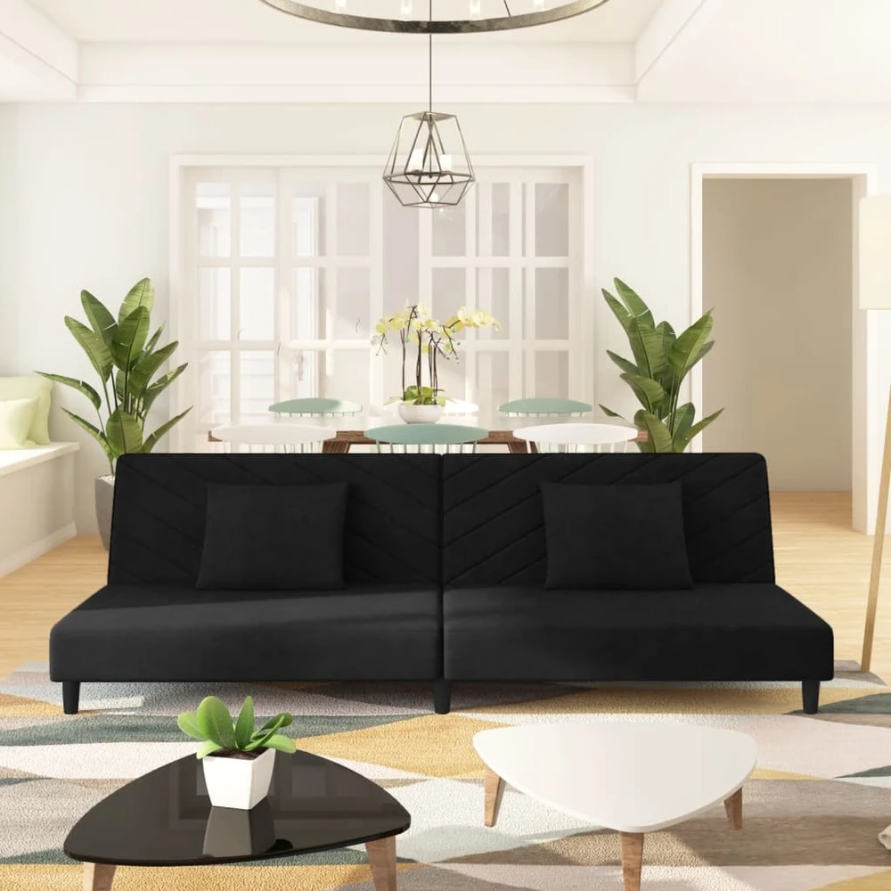 Dvivietė sofa-lova su dvejomis pagalvėmis, juoda, aksomas