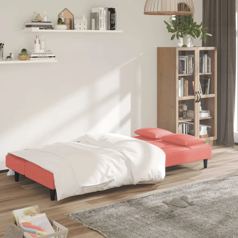 Dvivietė sofa-lova su dvejomis pagalvėmis, rožinė, aksomas