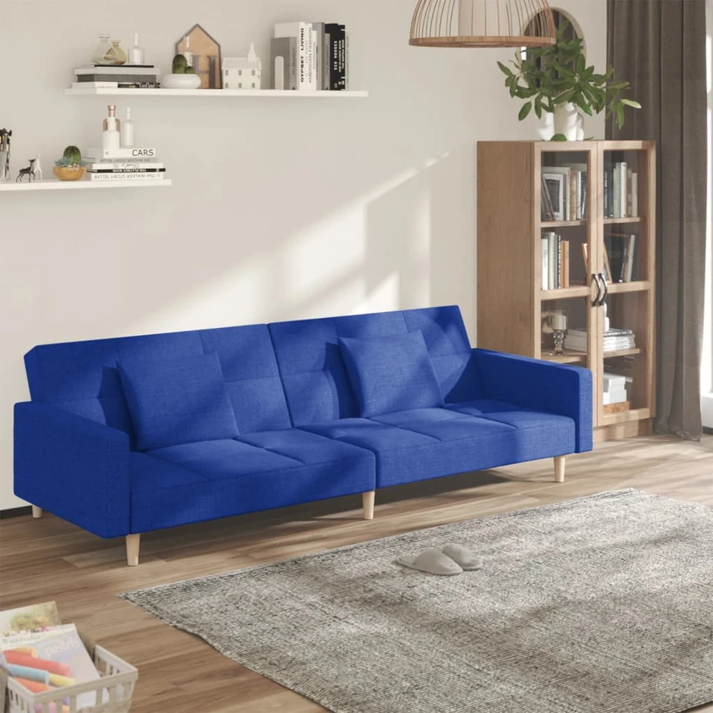 Dvivietė sofa-lova su dvejomis pagalvėmis, mėlyna, audinys