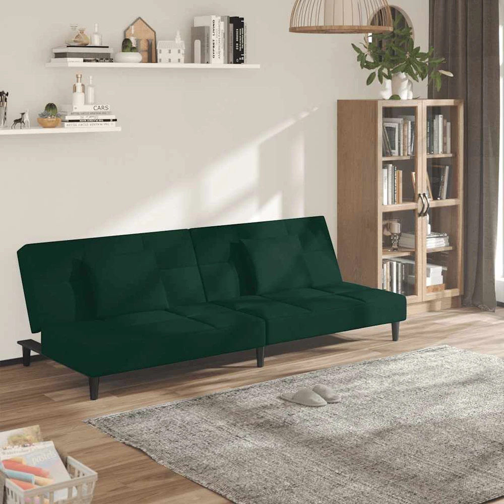 Dvivietė sofa-lova su dvejomis pagalvėmis, žalia, aksomas