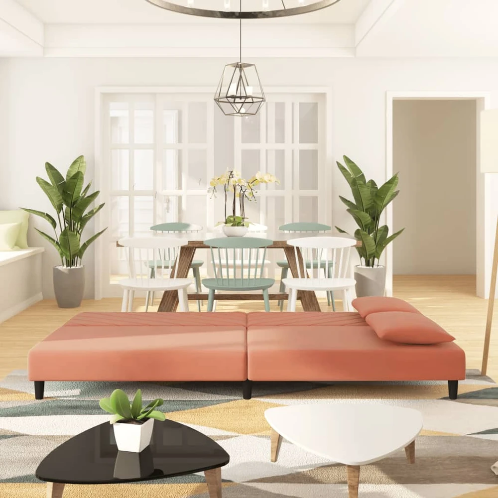 Dvivietė sofa-lova su dvejomis pagalvėmis, rožinė, aksomas