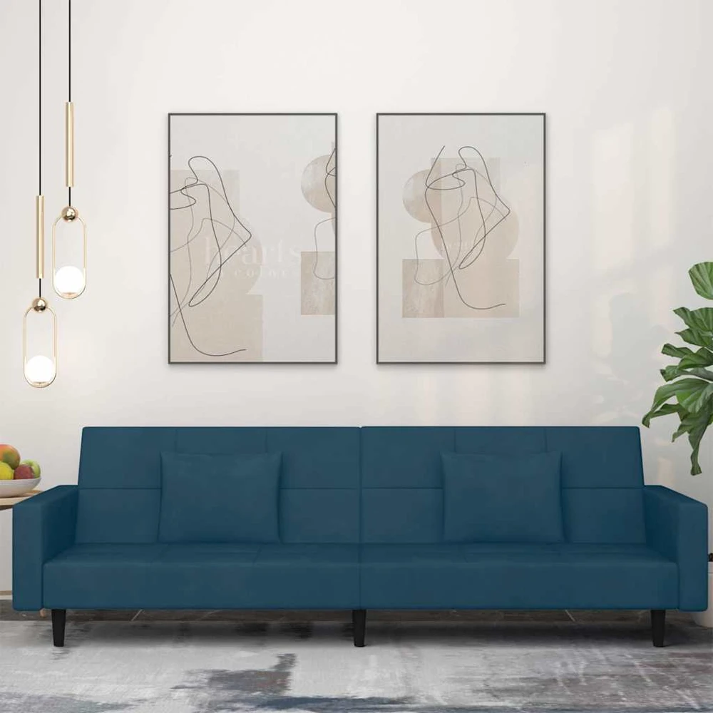 Dvivietė sofa-lova su dvejomis pagalvėmis, mėlyna, aksomas