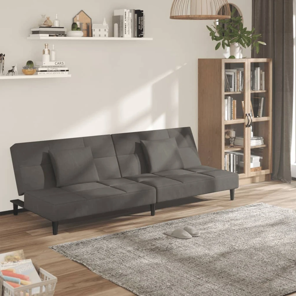 Dvivietė sofa-lova su dvejomis pagalvėmis, pilka, aksomas