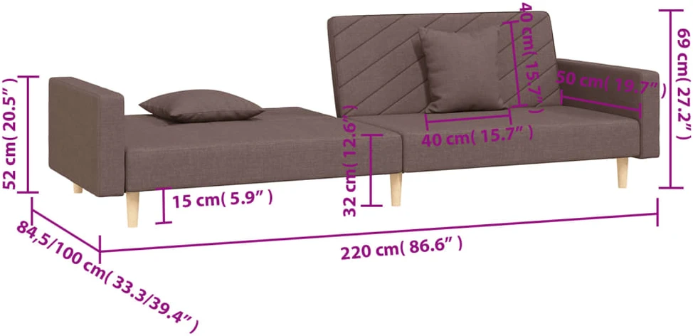 Dvivietė sofa-lova su dvejomis pagalvėmis, taupe, audinys