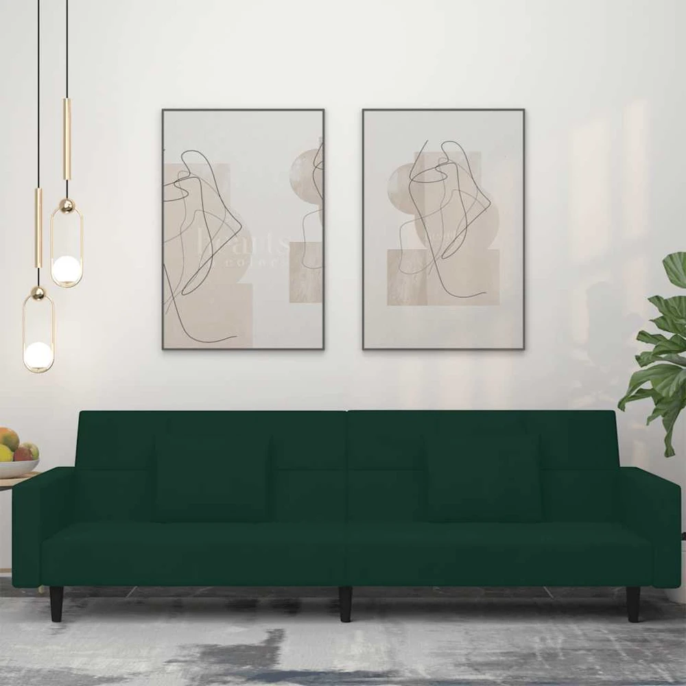 Dvivietė sofa-lova su dvejomis pagalvėmis, žalia, aksomas