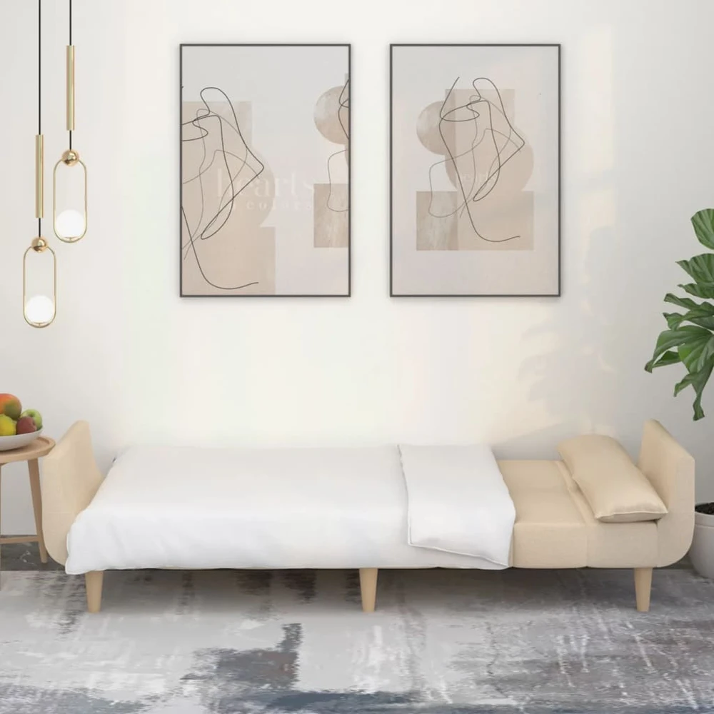 Dvivietė sofa-lova su dvejomis pagalvėmis, kreminė, audinys