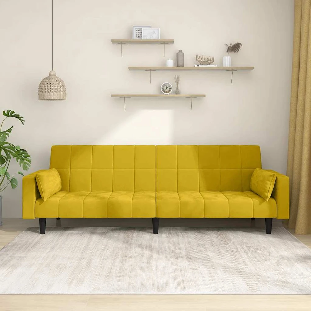 Dvivietė sofa-lova su dvejomis pagalvėmis, geltona, aksomas
