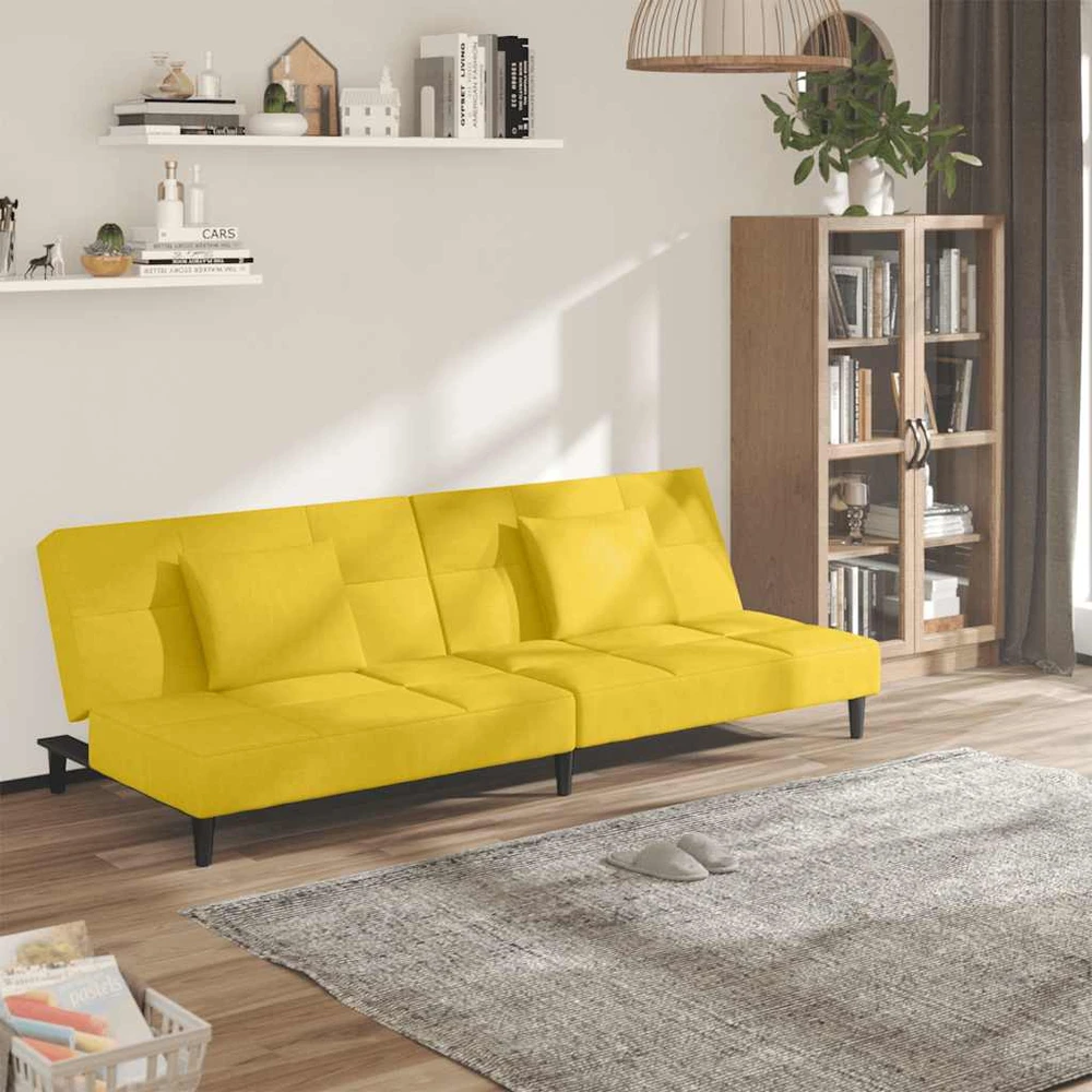 Dvivietė sofa-lova su dvejomis pagalvėmis, geltona, aksomas
