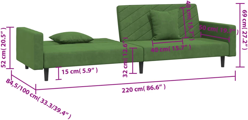 Dvivietė sofa-lova su dvejomis pagalvėmis, žalia, aksomas