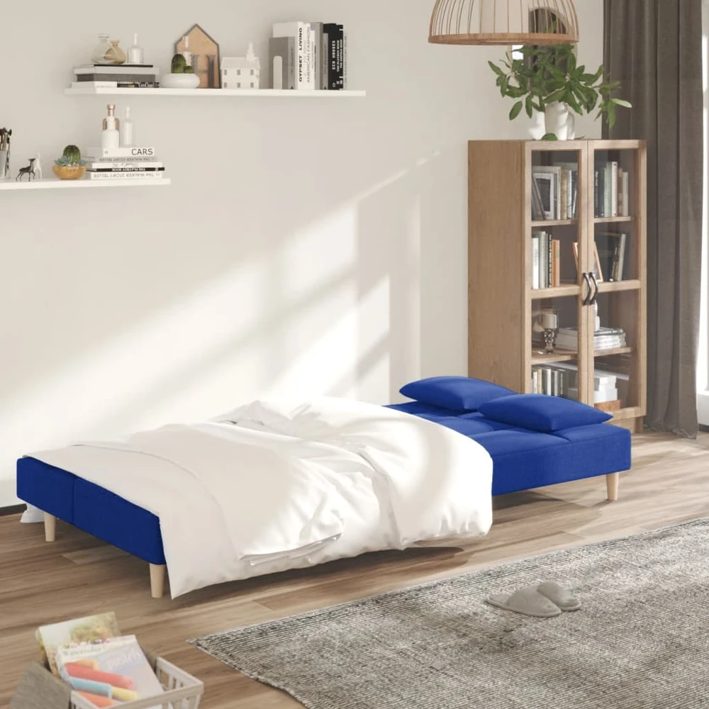 Dvivietė sofa-lova su dvejomis pagalvėmis, mėlyna, audinys